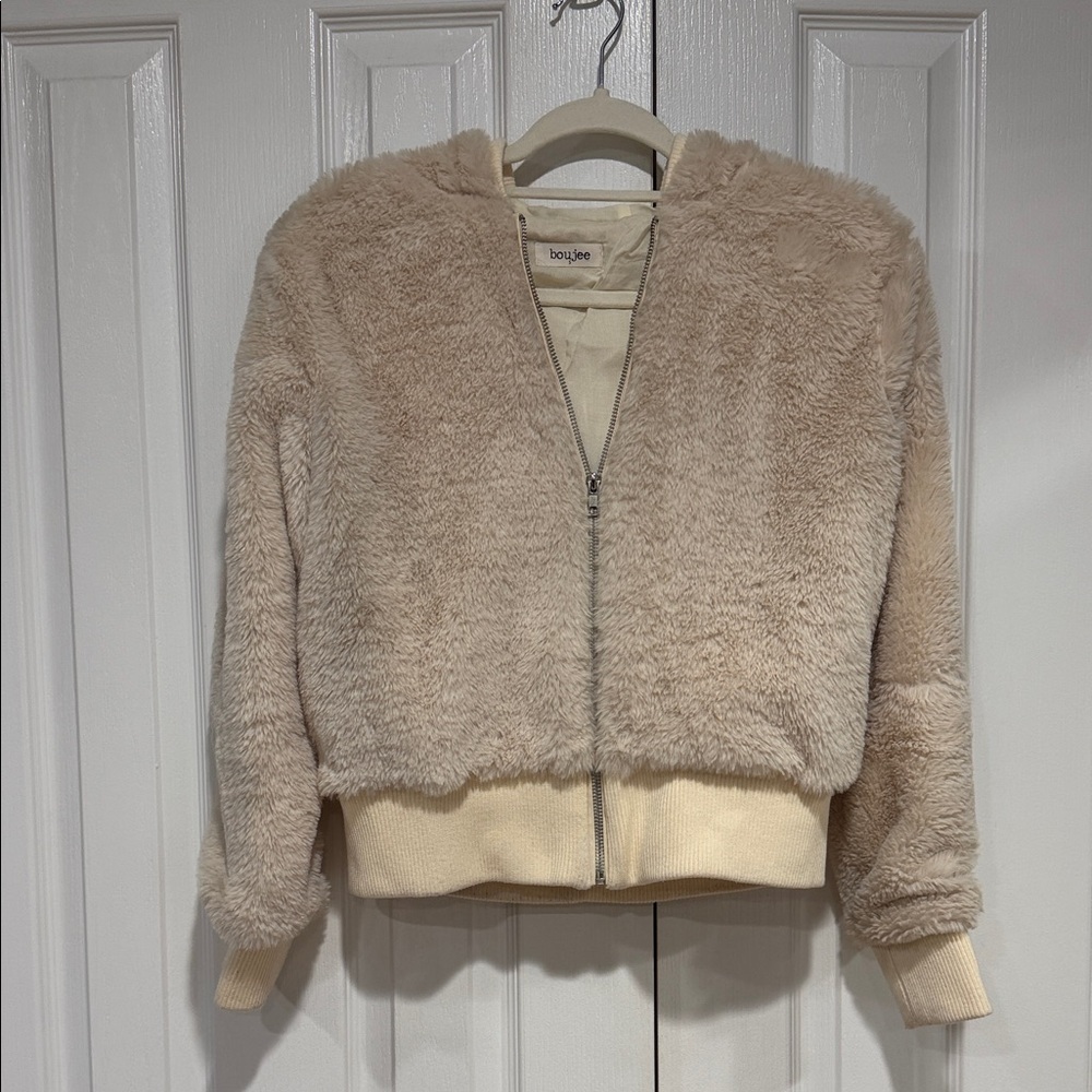 Women's Cream Faux Fur Jacket with hood